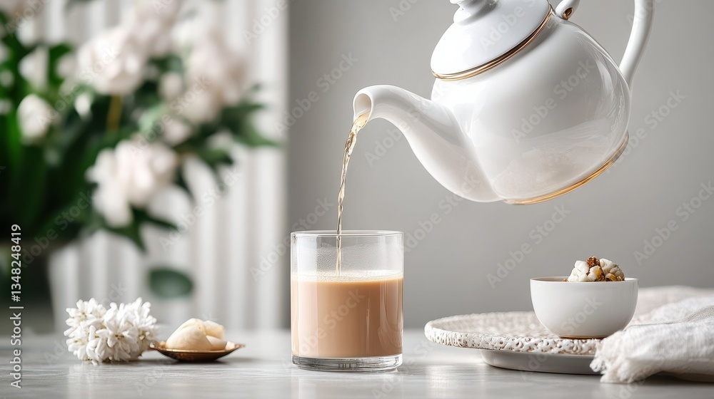 Elegant Teapot Gracefully Pouring Steaming Tea into Clear Glass Cup Elegant Teapot Gracefully Pouring Steaming Tea into Clear Glass Cup