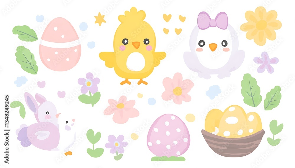 Cute Easter Chicks with Eggs, and Flowers. Cute Easter Chicks with Eggs, and Flowers.