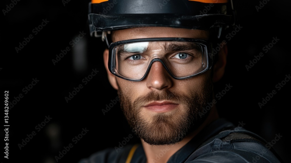 Focused worker in safety gear Focused worker in safety gear