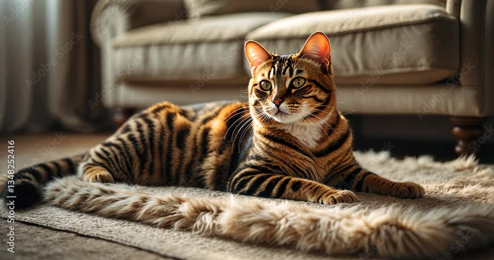 A Bengal cat sits on a soft fluffy rug. Beautiful purebred cat on the floor. A Bengal cat sits on a soft fluffy rug. Beautiful purebred cat on the floor.