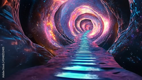 Cosmic Journey Through a Nebulous Cave: A Serene Exploration of Space and Water