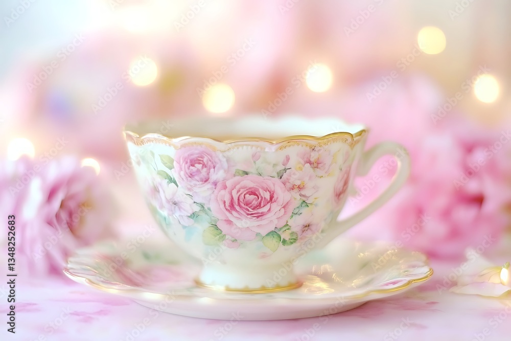Teacup with roses, close-up, pink flowers, bokeh background Teacup with roses, close-up, pink flowers, bokeh background