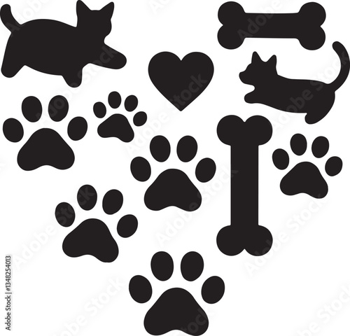 Colorful seamless pattern of dog and cat paw prints with heart shapes and Valentine-themed design