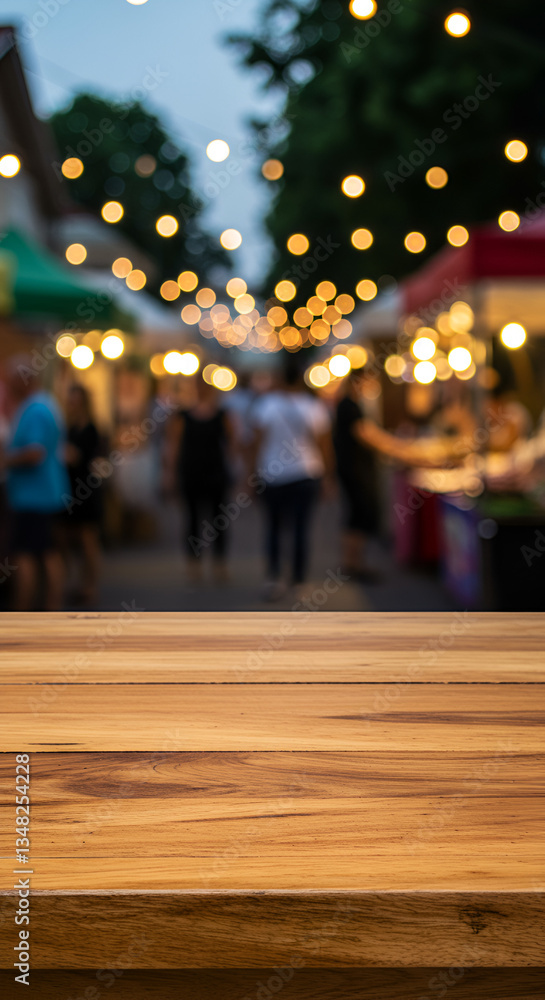 A wooden table in crisp focus, with a lively outdoor market glowing in string lights as the festive backdrop. A wooden table in crisp focus, with a lively outdoor market glowing in string lights as the festive backdrop.