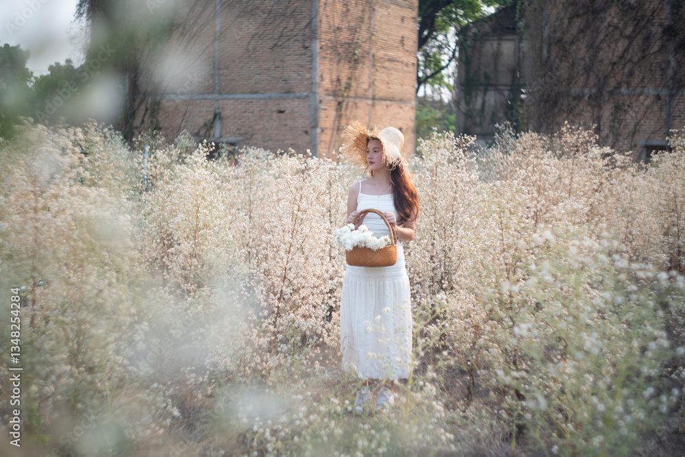 Relax concepts, Beautiful teenage girl on a bright day in nature flowers garden