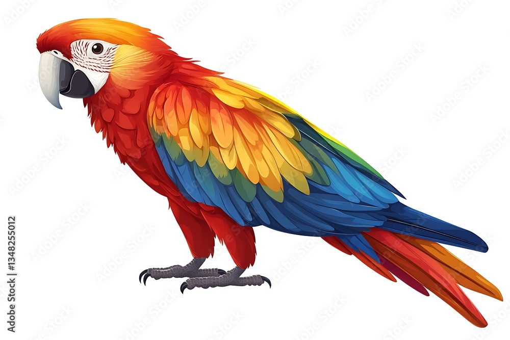 Fototapeta premium Colorful macaw parrot illustration against white background. Possible use for children's educational material or a nature book