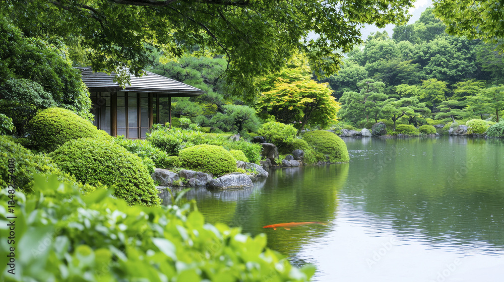 serene garden scene featuring lush greenery, tranquil pond, and traditional building. vibrant koi fish adds touch of color to peaceful landscape serene garden scene featuring lush greenery, tranquil pond, and traditional building. vibrant koi fish adds touch of color to peaceful landscape