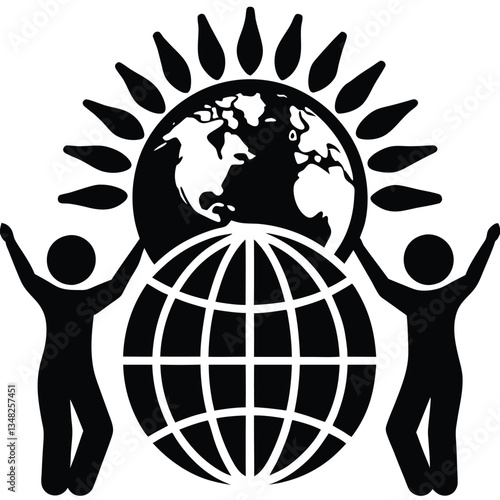 Global Harmony: Silhouette figures support a world globe beneath a radiant sun, conveying themes of unity, environmental care, and global interconnectedness. 