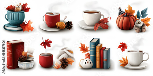 Unique handpainted watercolor icon set of autumn drinks and cozy elements on white background