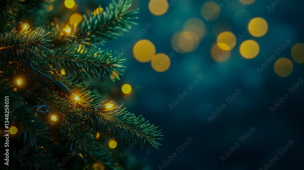 Festive Holiday Background with Glowing Lights and Pine Branches. Festive Holiday Background with Glowing Lights and Pine Branches.