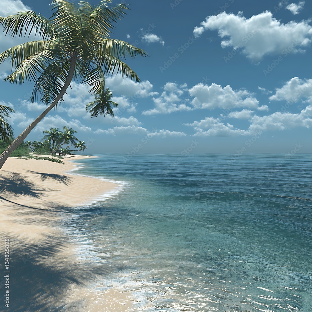 Fototapeta premium Serene tropical beach with swaying palms and crystal clear turquoise waters image