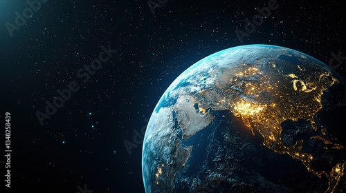 Digital Earth at Night with City Lights and Stars