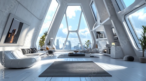 Futuristic penthouse apartment with panoramic city views. Modern minimalist design, spacious living area, large windows, and sleek furniture.