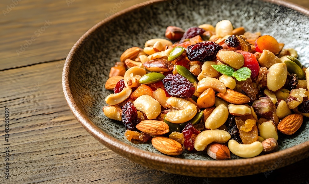Trail Mix with Nuts and Dried Fruits served on an elegant, Generative AI Trail Mix with Nuts and Dried Fruits served on an elegant, Generative AI