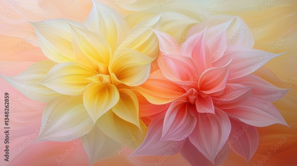 Vibrant blossoms, two flowers embrace the cheerful yellow background in a captivating display of nature's beauty Vibrant blossoms, two flowers embrace the cheerful yellow background in a captivating display of nature's beauty