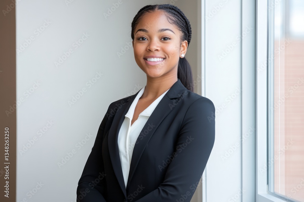 Young african american businesswoman in blazer smiling confidently indoors Young african american businesswoman in blazer smiling confidently indoors