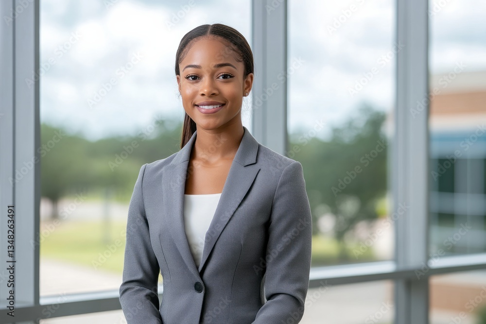 Confident african american businesswoman poses in front of large windows Confident african american businesswoman poses in front of large windows
