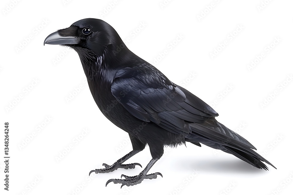 Fototapeta premium Isolated Raven, Profile View, Against White Background. Possible Use Stock Photo