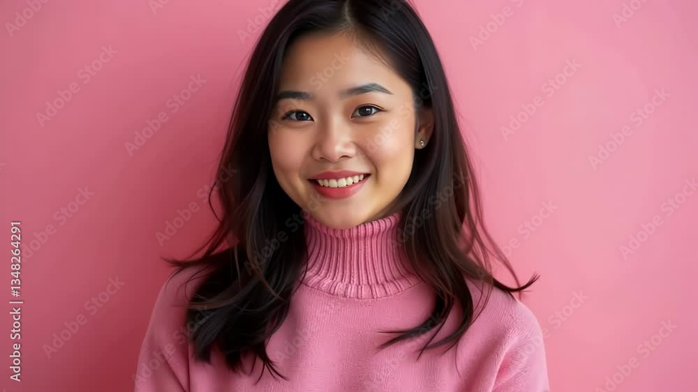 Woman in a pink turtleneck against a pink background Woman in a pink turtleneck against a pink background
