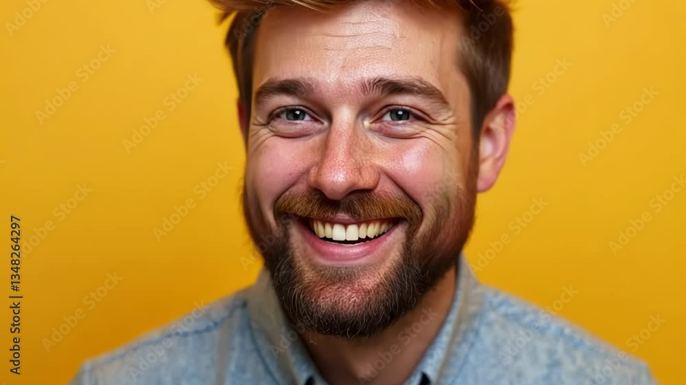Man with red hair and beard smiling against a yellow background Man with red hair and beard smiling against a yellow background