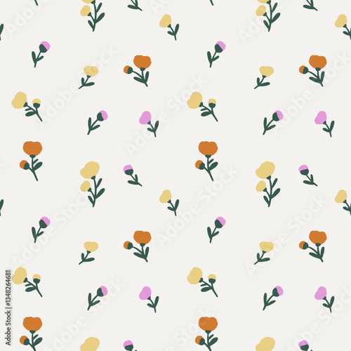 Floral seamless pattern design for fashion textiles, graphics, backgrounds and crafts. Small colorful flowers on white background.