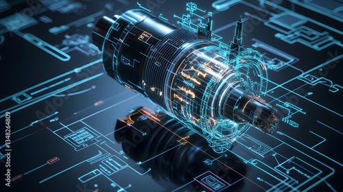 A detailed cross sectional diagram of an induction motor featuring neon like highlights and annotations that provide insight into the inner workings and components of this industrial