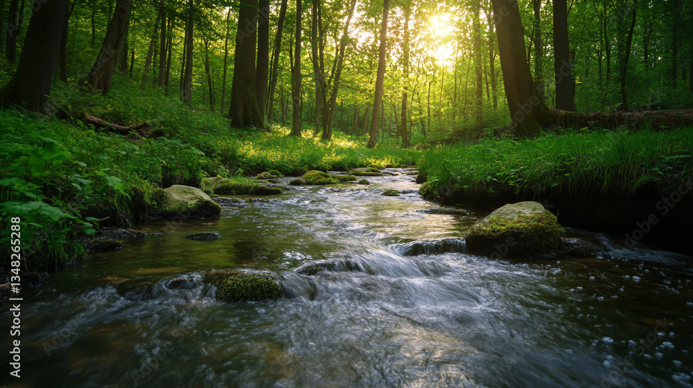 Serene Stream Flowing Through the Lush Green Forest Serene Stream Flowing Through the Lush Green Forest
