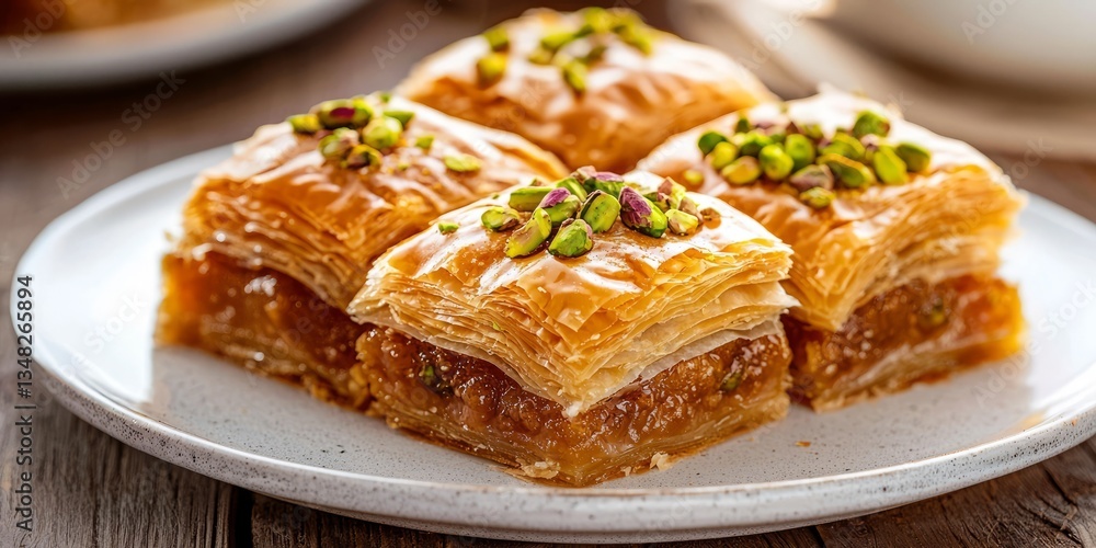 Delicious Baklava Dessert with Nuts and Honey on Elegant Plate Delicious Baklava Dessert with Nuts and Honey on Elegant Plate