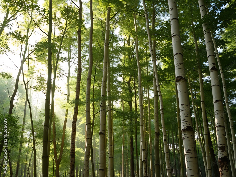 Fototapeta premium Sunlight filters gently through tall slender trees creating a serene forest scene. AI Generated