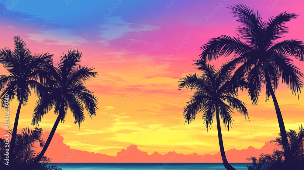 Silhouettes of black palm trees against a vibrant, multicolored sunset sky, featuring a tropical vector banner illustration Silhouettes of black palm trees against a vibrant, multicolored sunset sky, featuring a tropical vector banner illustration