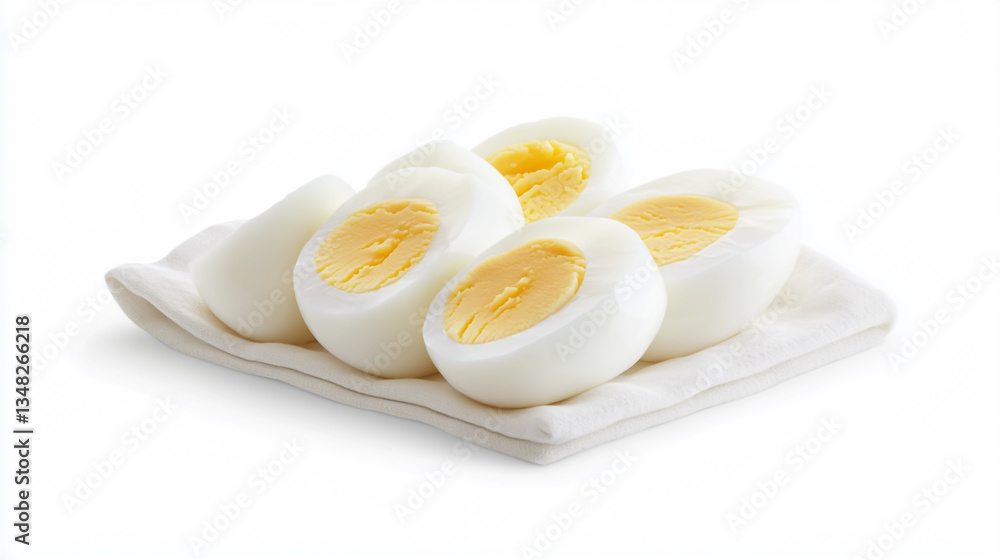 Sliced boiled eggs on a clean white background, showcasing the smooth texture and vibrant yolk Sliced boiled eggs on a clean white background, showcasing the smooth texture and vibrant yolk