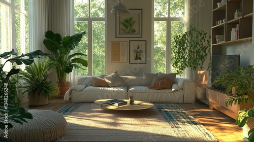 A cozy and bright interior living room with many plants