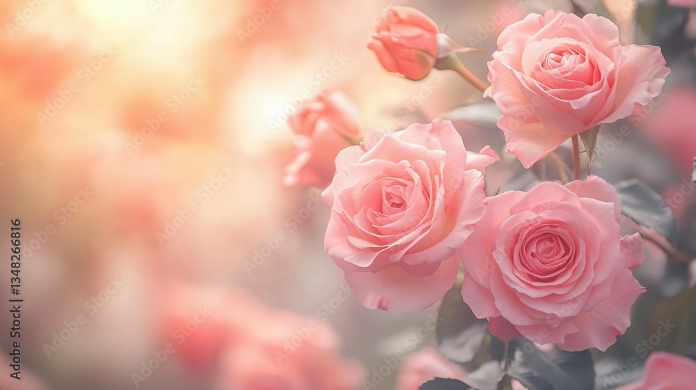 Beautiful pink roses bloom gloriously with soft diffused and warm light Beautiful pink roses bloom gloriously with soft diffused and warm light
