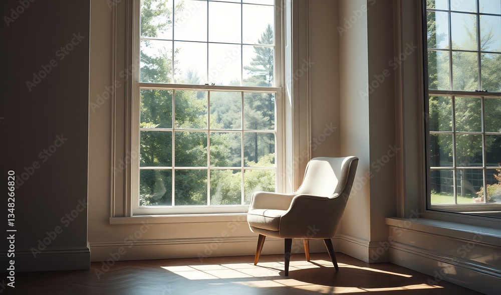 Fototapeta premium Serene armchair bathed in warm sunlight near large window. AI Generated