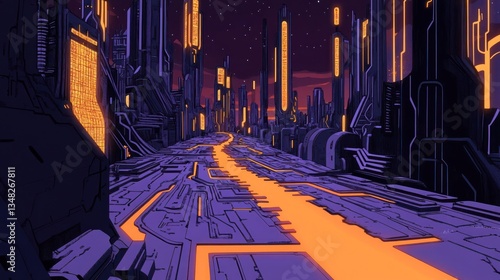 Futuristic city street at night, glowing orange path, urban scene, for technology background, stock photo