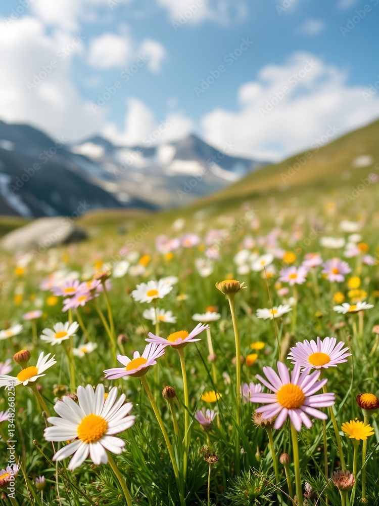 Obraz premium Vibrant wildflowers bloom brightly against majestic snow capped mountains under a sunny sky. AI Generated