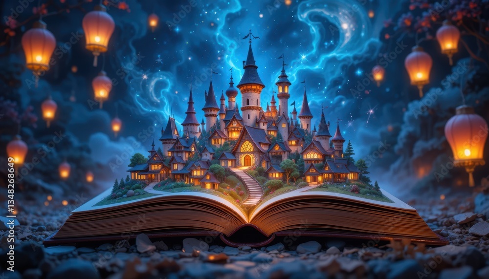 Obraz premium Magical Castle Emerging from Open Book at Night Enchanting Fairytale Scene with Lanterns