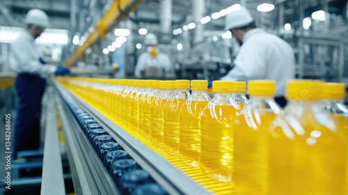 Wallpaper Mural Bottles of Yellow Liquid on a Conveyor Belt in a Factory Torontodigital.ca