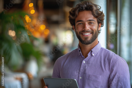 Headshot of a man wearing a purple button-down shirt while holding a tablet. He is smiling and looking directly at the camera