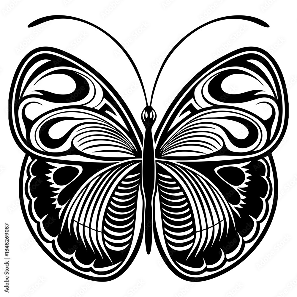 Butterfly Vector Illustration on White Background with Floral and Tribal Design Elements Butterfly Vector Illustration on White Background with Floral and Tribal Design Elements