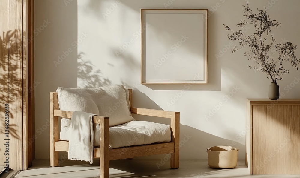 Fototapeta premium Modern, minimalist living room corner, featuring a wooden armchair, natural light, and a blank canvas