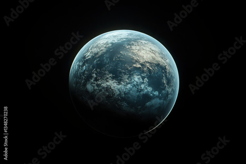Telescope image of rocky exoplanet with blue-gray and green hues, hazy atmosphere