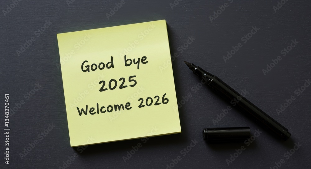 Goodbye 2025 Welcome 2026 New Year Note on Yellow Sticky Pad Goodbye 2025 Welcome 2026 New Year Note on Yellow Sticky Pad
