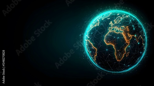 Wallpaper Mural The image shows a stylized, digitally rendered Earth, depicted as a network of interconnected nodes and lines, glowing with teal and orange light against a dark background.A glowing teal and orange d Torontodigital.ca