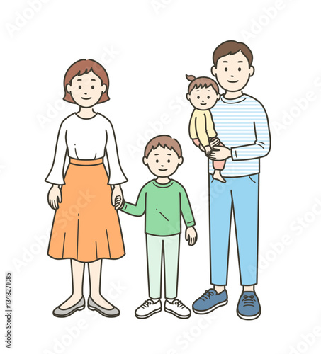 若い4人家族が集合した全身イラスト
