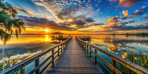 Lake Toho Fishing Jetty Sunrise, Florida Landscape Photography, Kissimmee,  Scenic Pier,  Peaceful Waterscape