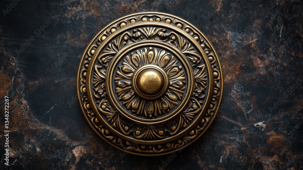 Obraz premium Ornate Antique Brass Medallion on Dark Marble Background