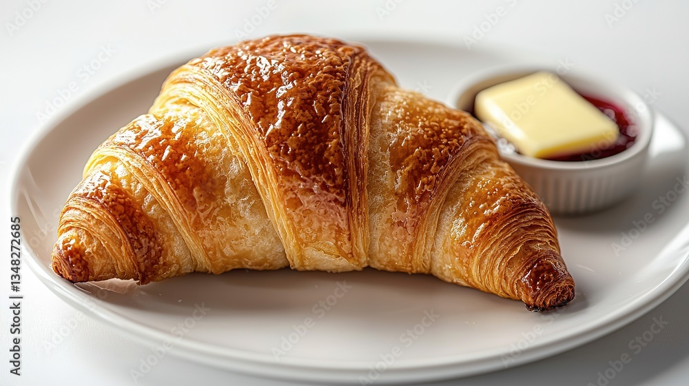 Golden Baked Croissant With Butter and Red Preserve on a Plate Golden Baked Croissant With Butter and Red Preserve on a Plate
