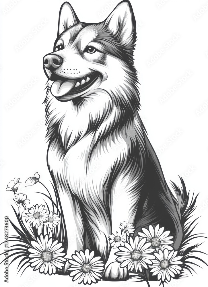 Naklejka premium Siberian husky dog portrait surrounded by flowers artistic illustration nature close-up enthusiastic expression