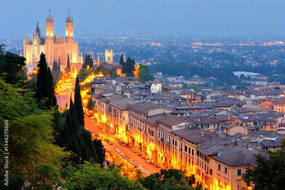 Naklejka premium Breathtaking twilight view of Verona, Italy, showcasing the illuminated city streets, Duomo, and surrounding hills.